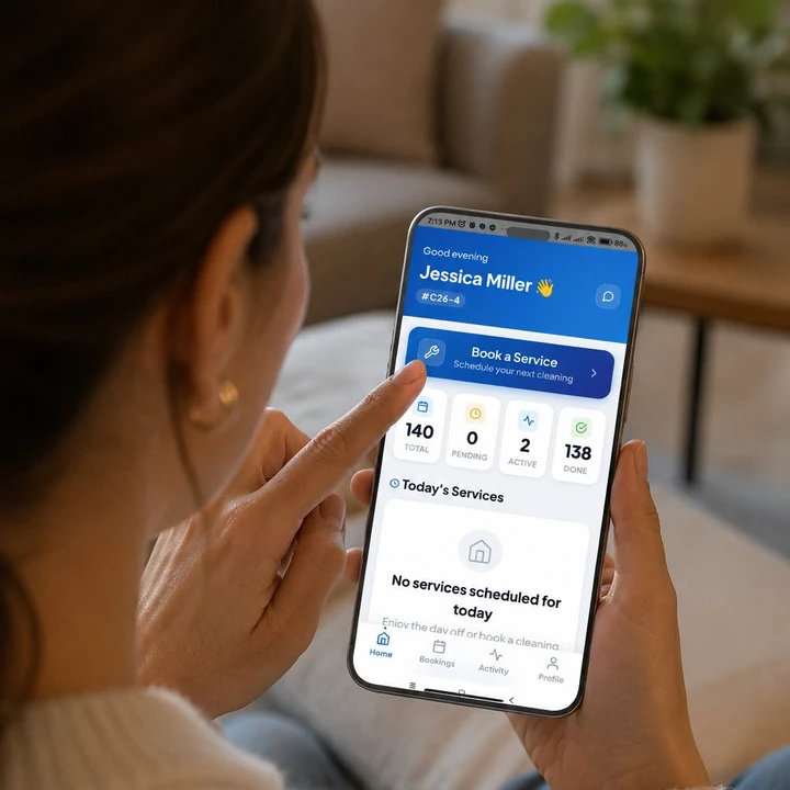 Cliente reservando el servicio desde la app, eligiendo tipo, fecha y hora
