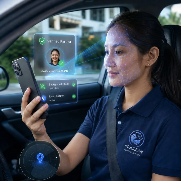 Partner pasando la verificación facial con face ID antes de salir hacia el servicio
