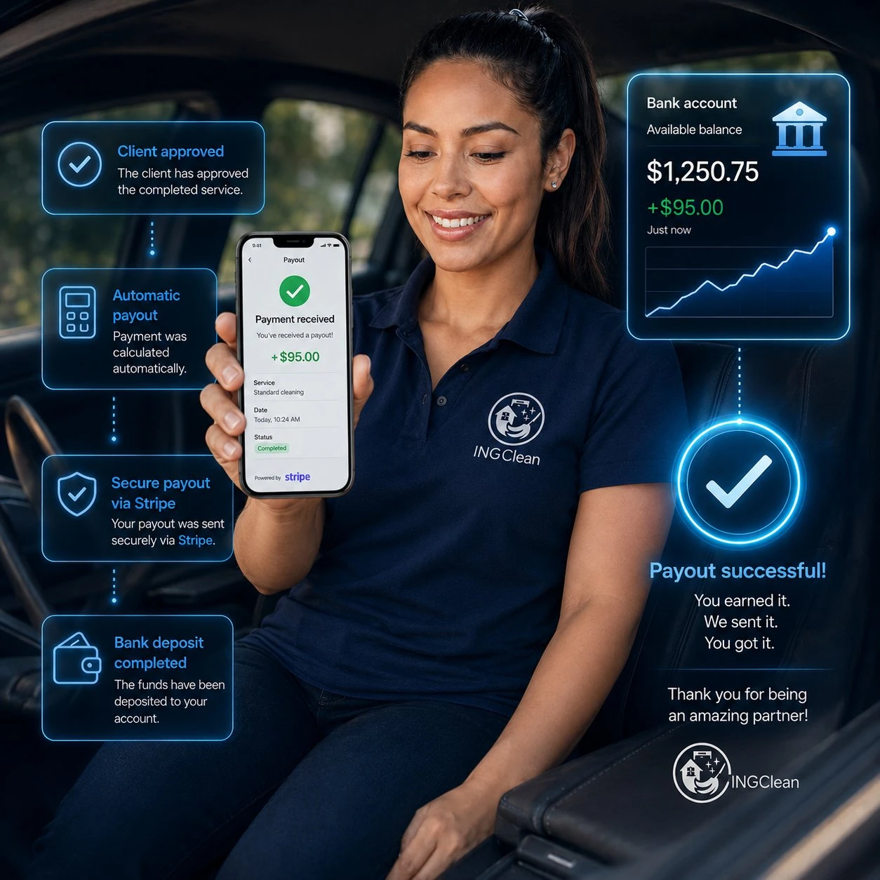 Partner seeing on their phone the payment received securely via Stripe after completing a service