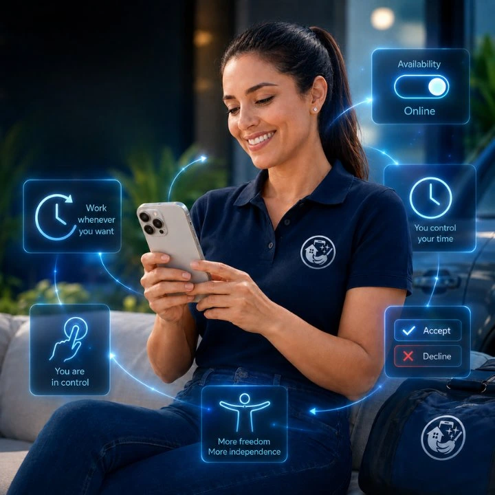 Partner checking their availability on their phone, choosing when to work