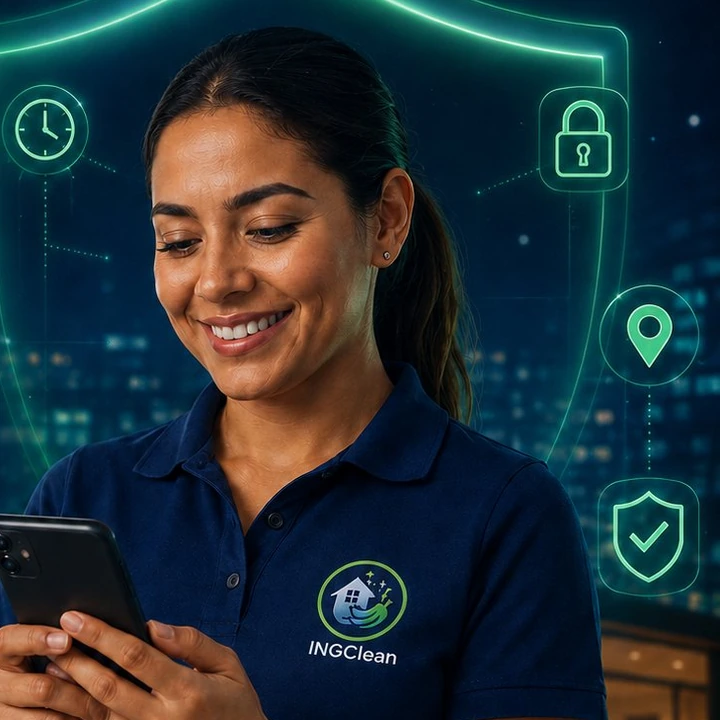 Una partner crea su perfil en el teléfono, protegida por un escudo de seguridad.
