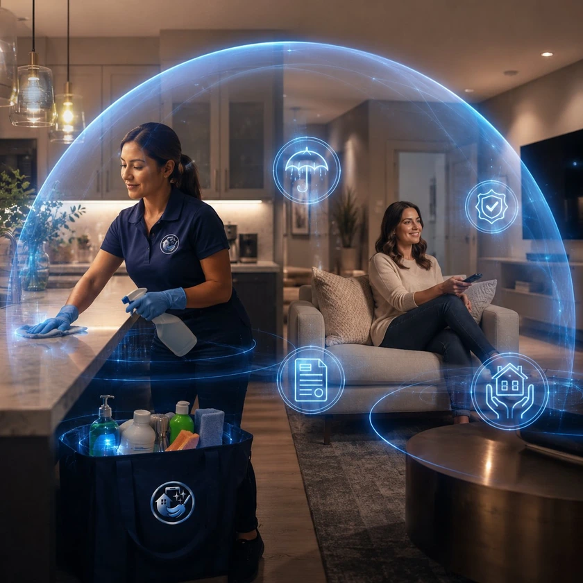 Partner trabajando con tranquilidad mientras la clienta descansa, ambos protegidos por el seguro on-demand de INGClean®