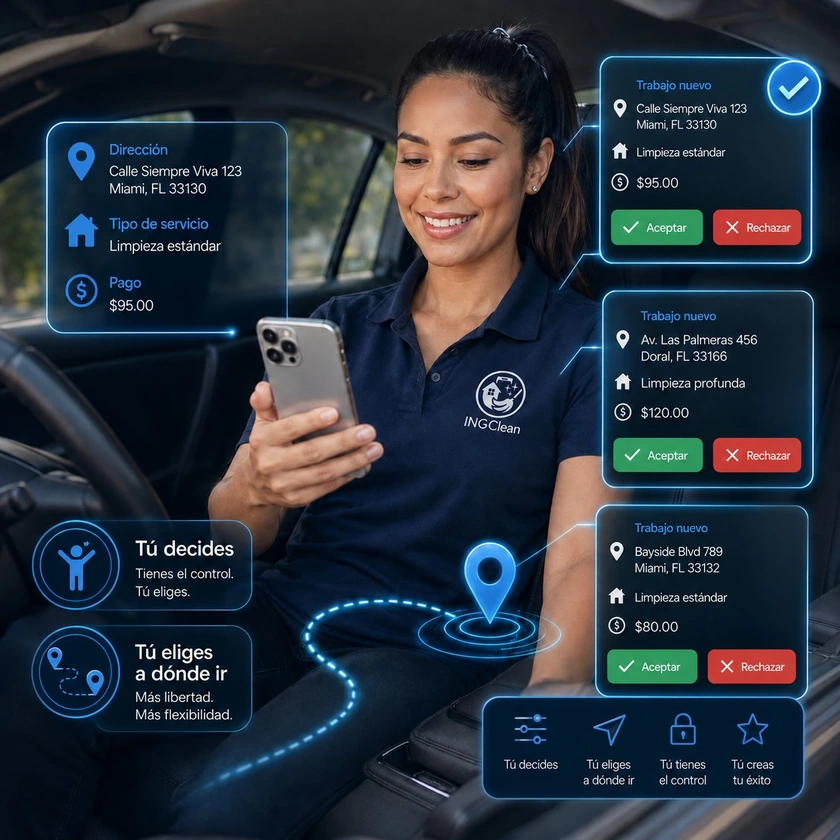 Partner viendo en su celular nuevos trabajos disponibles con dirección, tipo y pago, para aceptar o rechazar