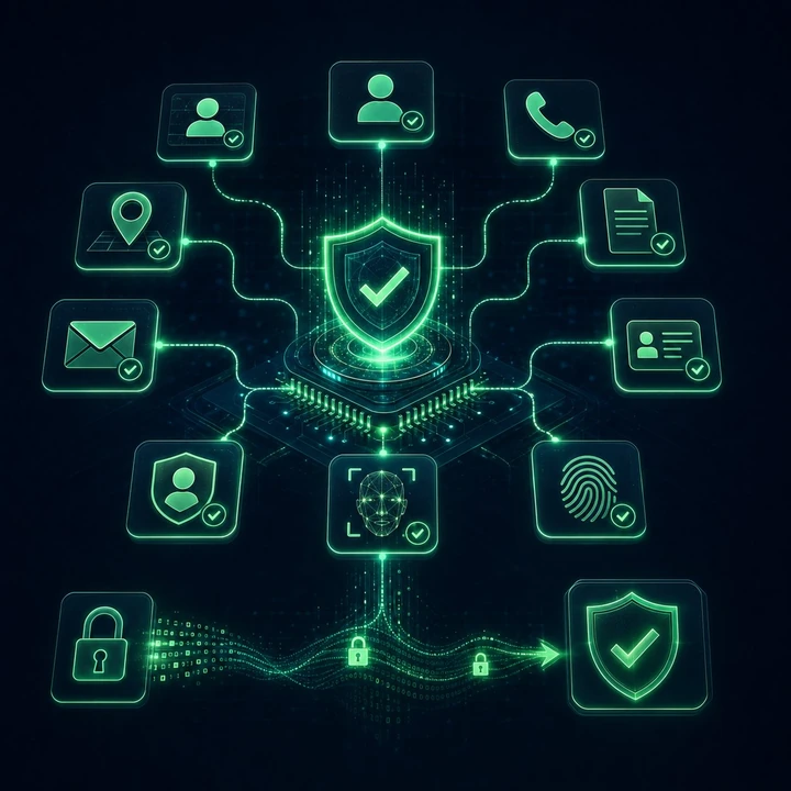 Íconos de verificación de identidad: reconocimiento facial, huella, documentos y datos cifrados.