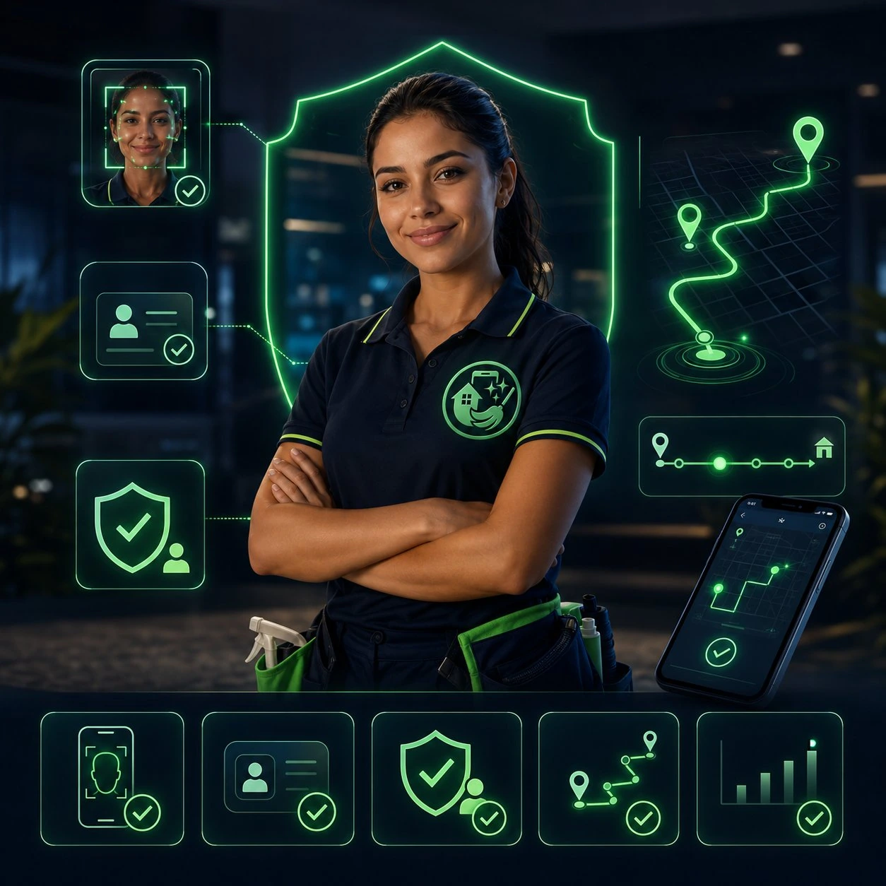 Partner de INGClean® respaldada por la plataforma: identidad verificada, Face ID, background check y GPS que la guía hasta la casa del cliente.