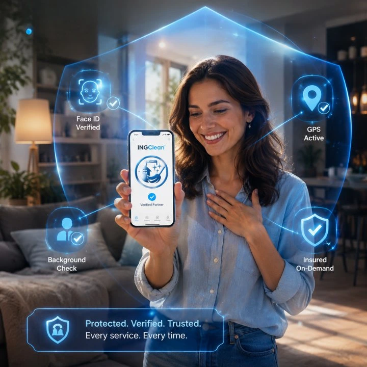 Client seeing in her app that the partner is verified: Face ID, GPS during the trip, background check and on-demand insurance active