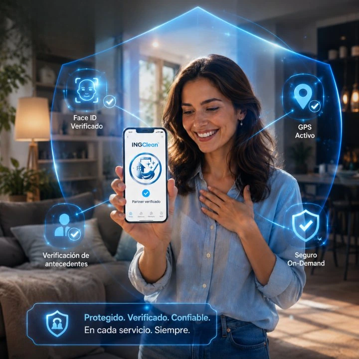 Clienta viendo en su app que el partner está verificado: Face ID, GPS durante el trayecto, antecedentes y seguro on-demand activos