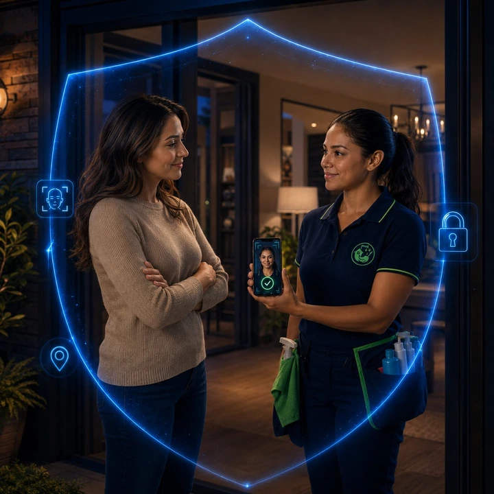 Una clienta recibe en su puerta a una partner verificada, con la verificación de identidad en el teléfono.