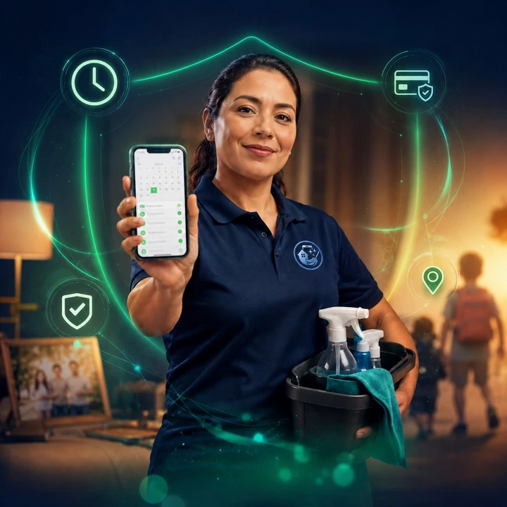 Una madre partner muestra su horario flexible en el teléfono mientras sus hijos van a la escuela.