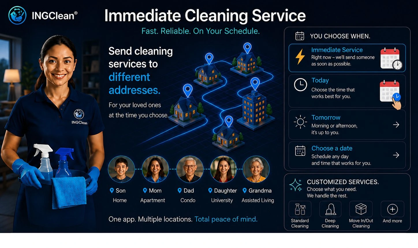 Immediate cleaning service: send visits to different addresses, choosing when and where.