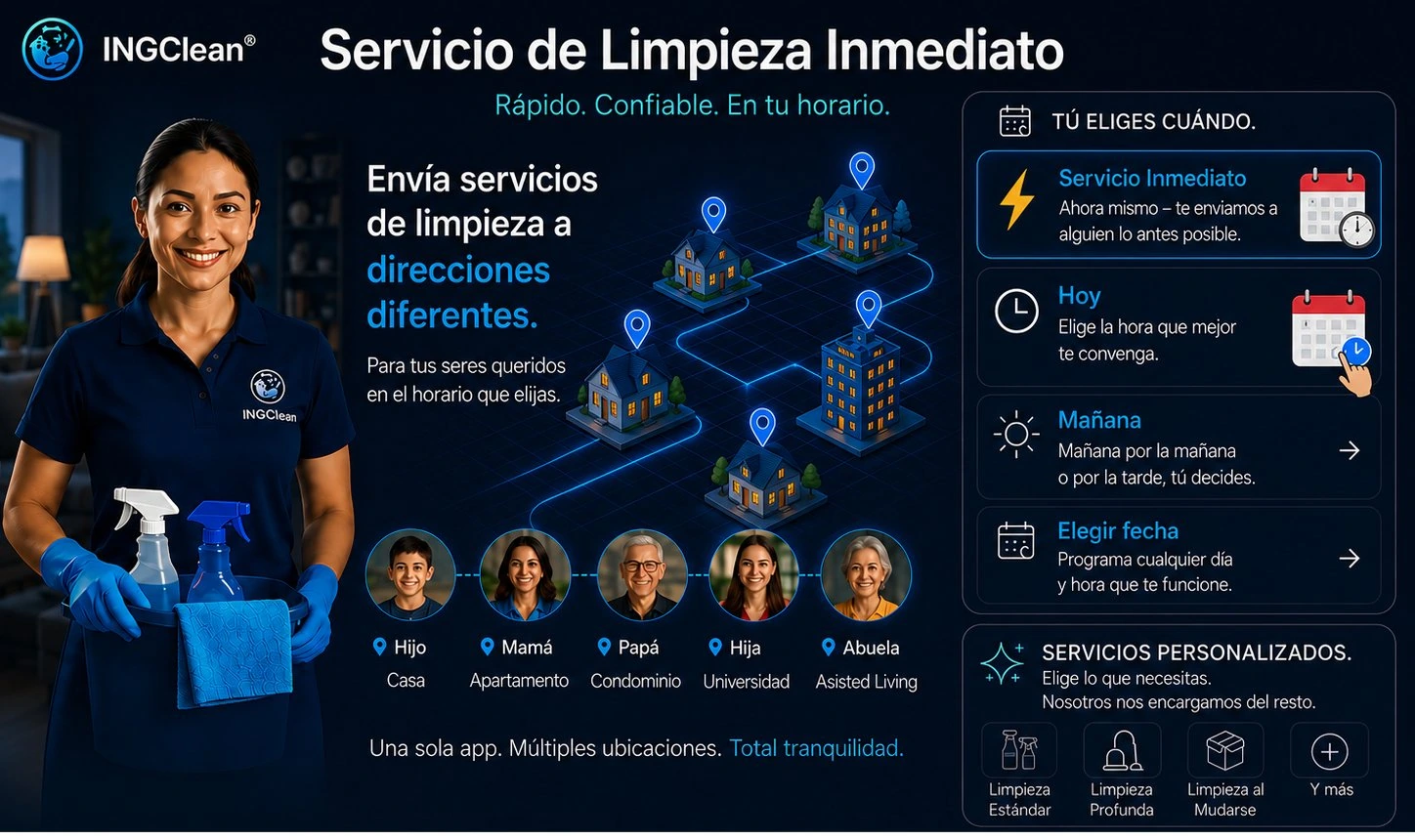Servicio de limpieza inmediato: envía visitas a distintas direcciones, eligiendo cuándo y dónde.