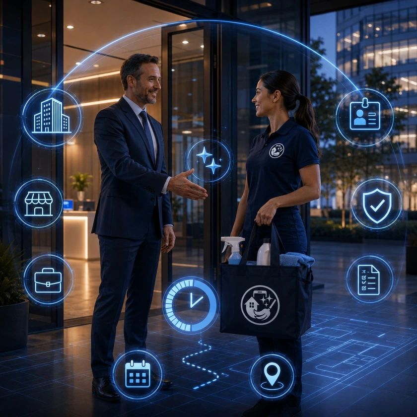 Ejecutivo recibiendo en la entrada de su oficina a una partner verificada de INGClean®, con verificación de identidad, antecedentes, seguro y GPS de trayecto activos para espacios comerciales