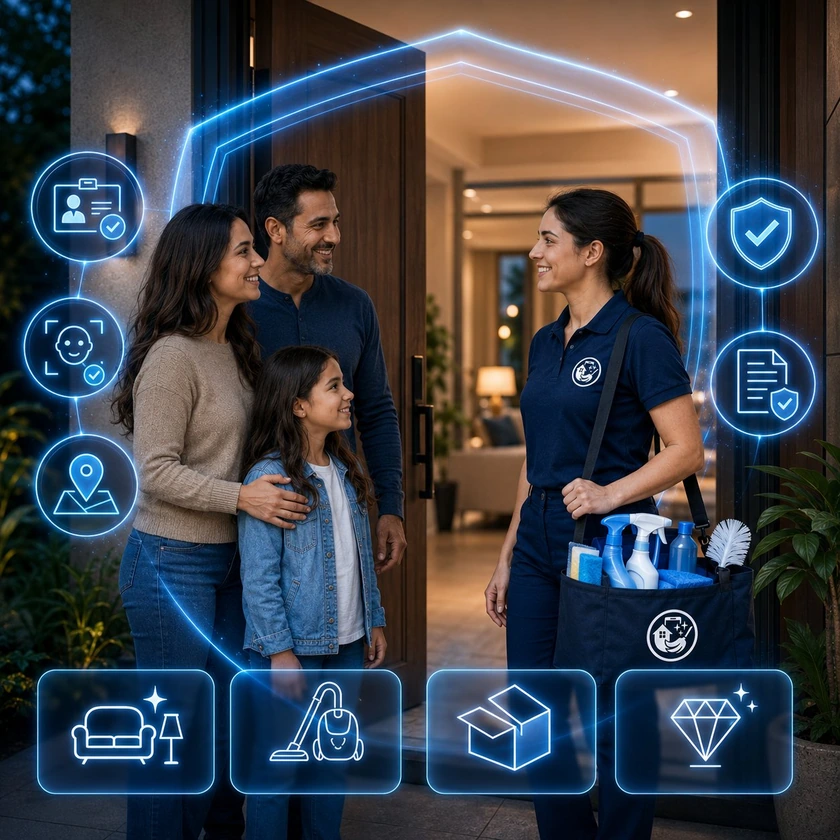 Familia recibiendo en la puerta de su casa a una partner verificada de INGClean®, con sello de seguridad, verificación de identidad, face ID, GPS de trayecto y seguro activos