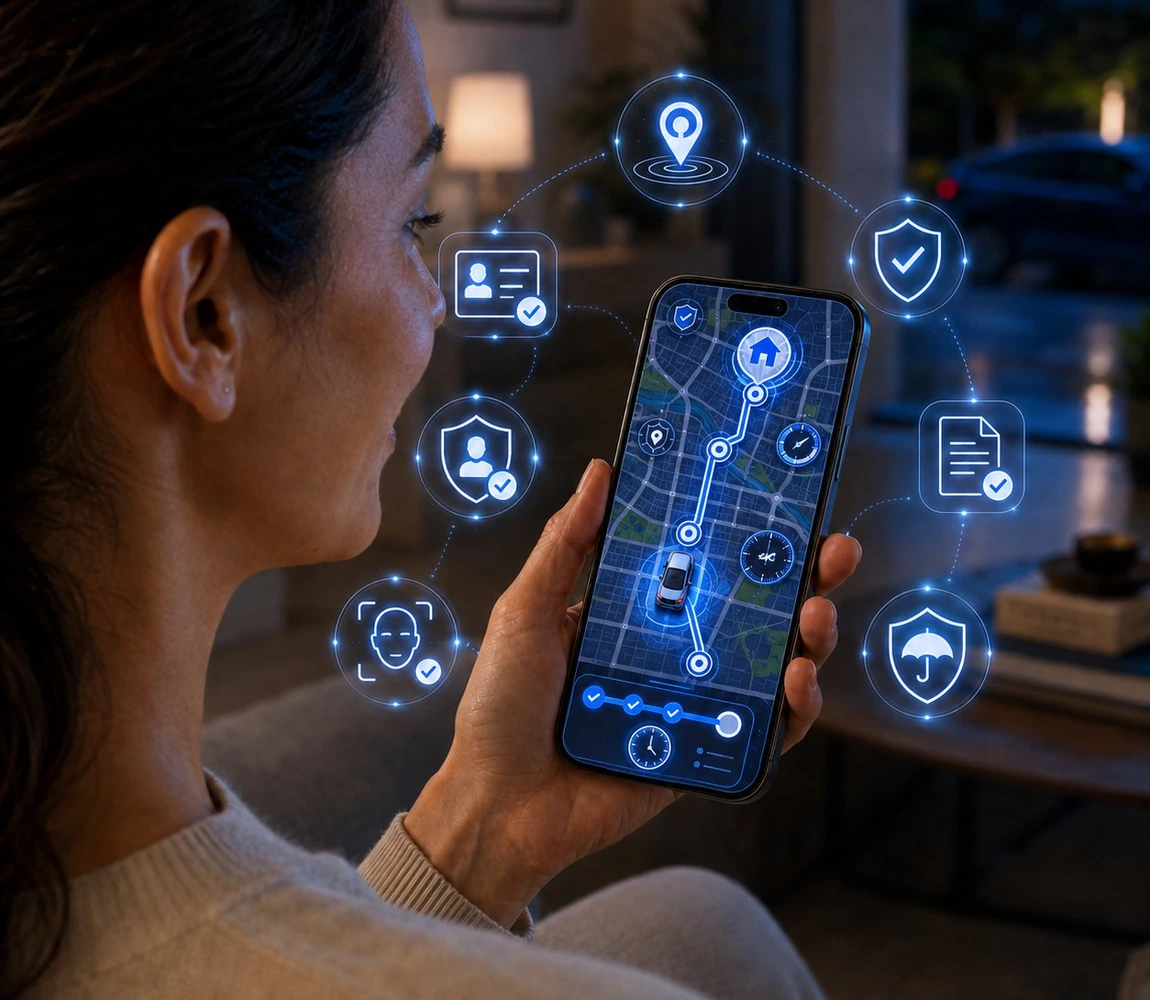 Clienta siguiendo en vivo en su app la ruta del partner en camino a su casa, con verificaciones de seguridad activas